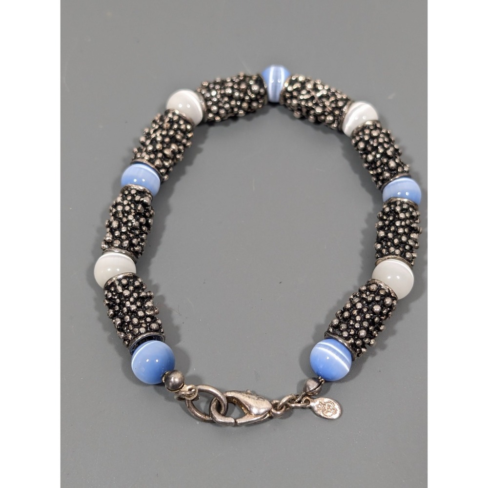 Premier Designs Blue White Glass Cats Eye Textured Bead Bracelet‎ Y2k 90s 7.5 in